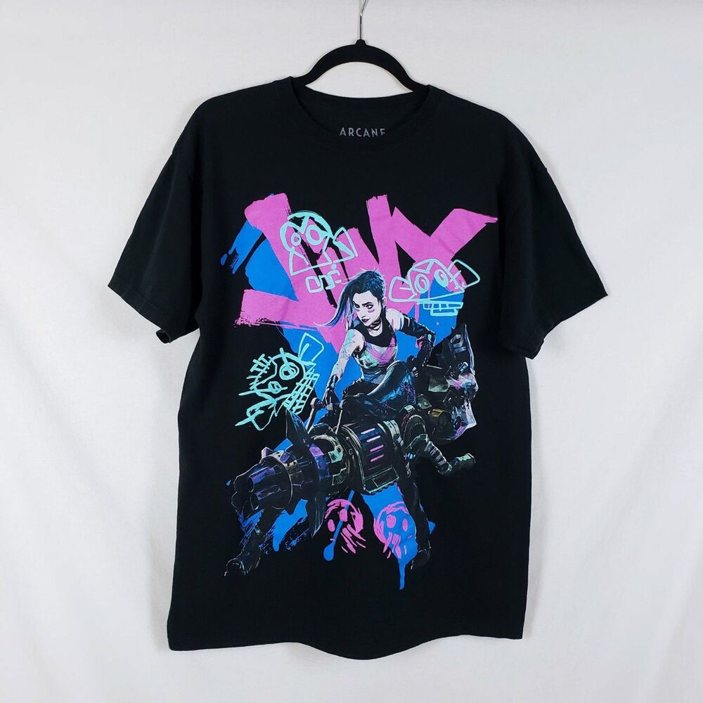 Arcane League of Legends Jinx Graffiti T-Shirt Mens L Black Short Sleeve